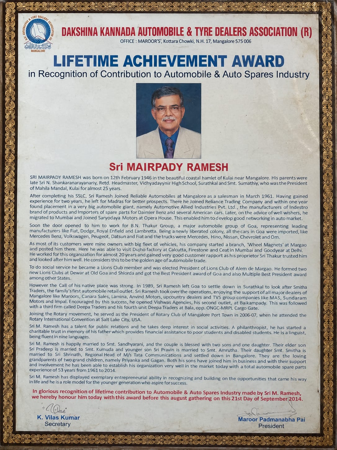 Lifetime Achievement Award citation presented to Sri Mairpady Ramesh by the Dakshina Kannada Automobile & Tyre Dealers Association.